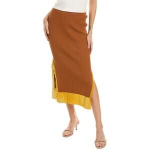 NEW Staud Oceanside Tan Gold Ribbed Knit Lace Pull On Slit Midi Skirt Size S